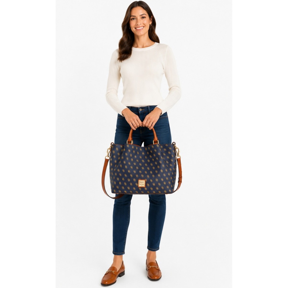 DOONEY & BOURKE Gretta Signature Monogram Satchel‎ Navy Brown Leather Trim NWOT